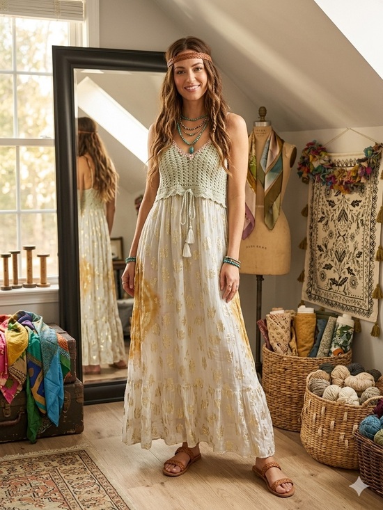 POL Dresses & Skirts - POL Bohemian Maxi Dress in Cream Crochet,Shells Beads, Mustard & Gold Metallic